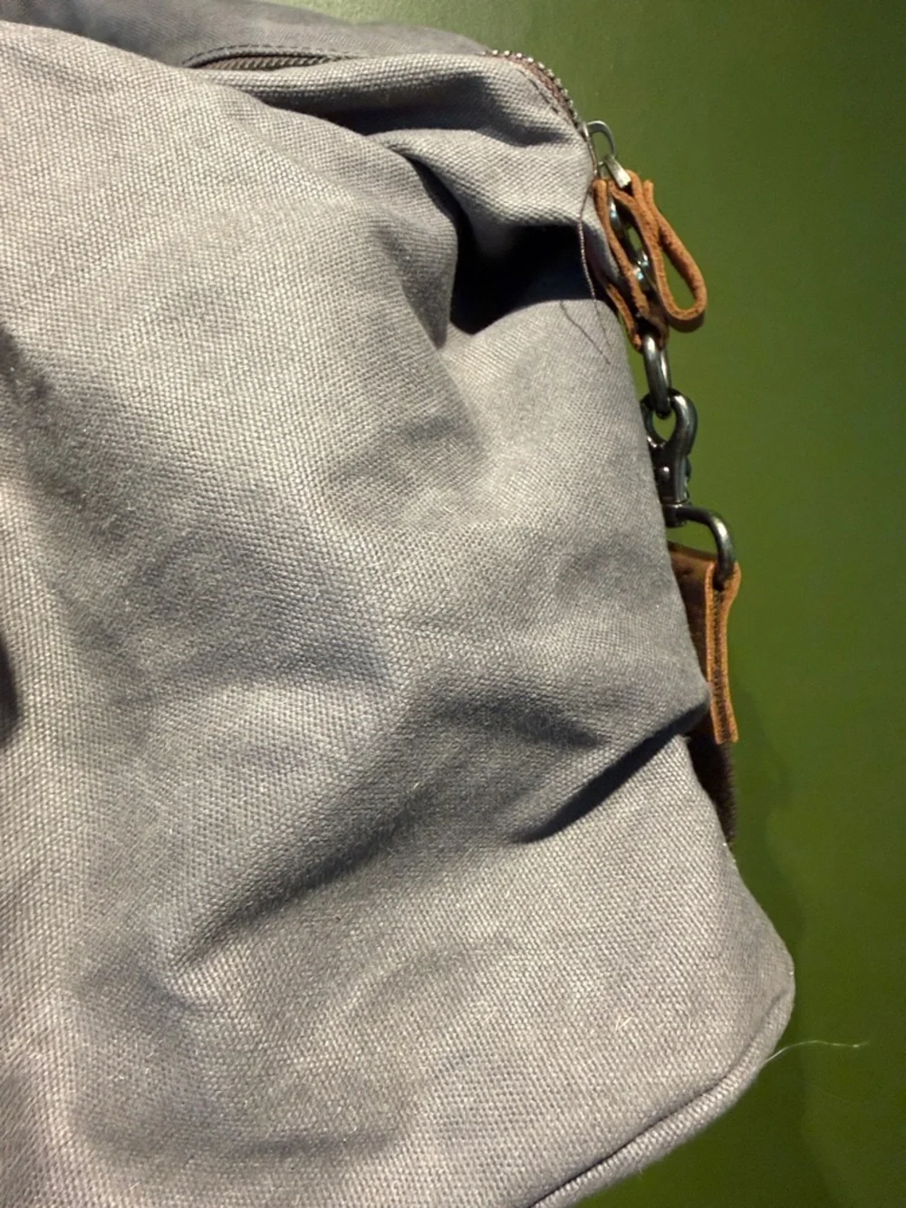 Canvas Duffel Bag with Brown Leather Trim - Gray